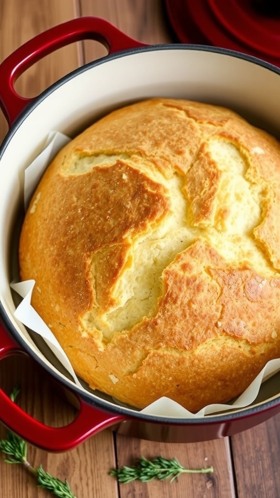 A golden-brown gluten-free no-knead bread in a Dutch oven on a wooden table.